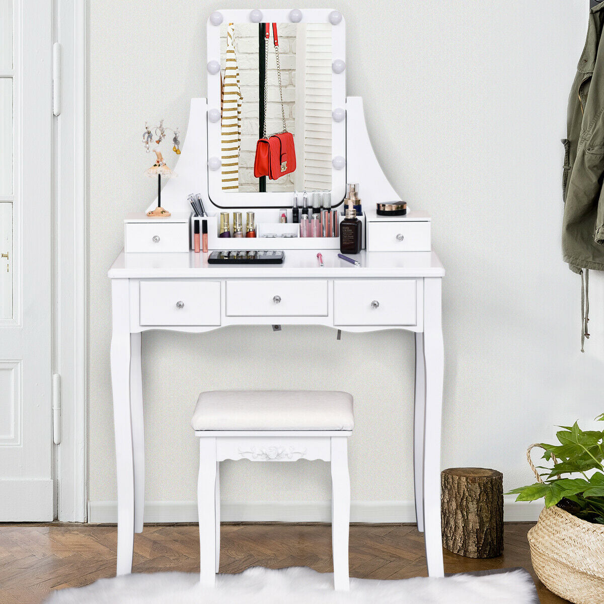 Vanity Table with 10 Dimmable Lights and Cushioned Stool