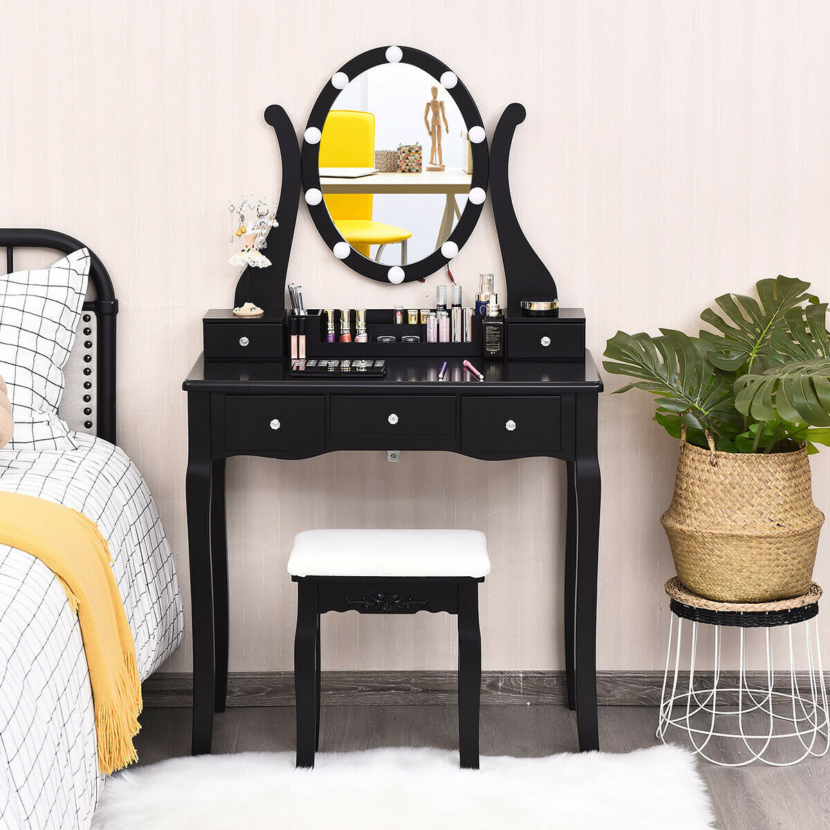 Vanity Table Set with Lighted Mirror and Cushioned Stool
