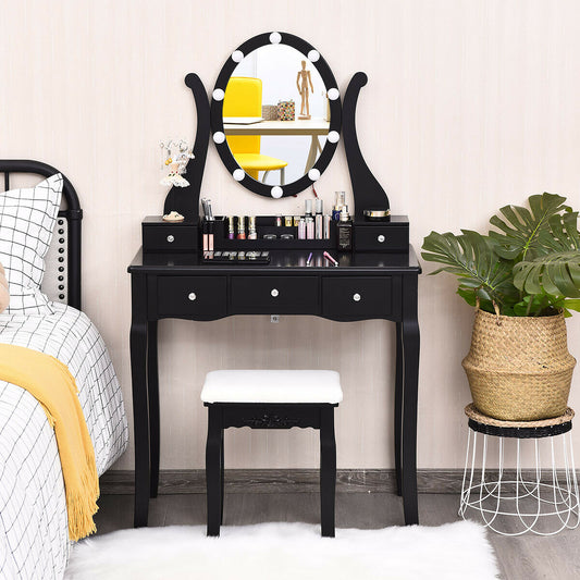 Vanity Table Set with Lighted Mirror and Cushioned Stool