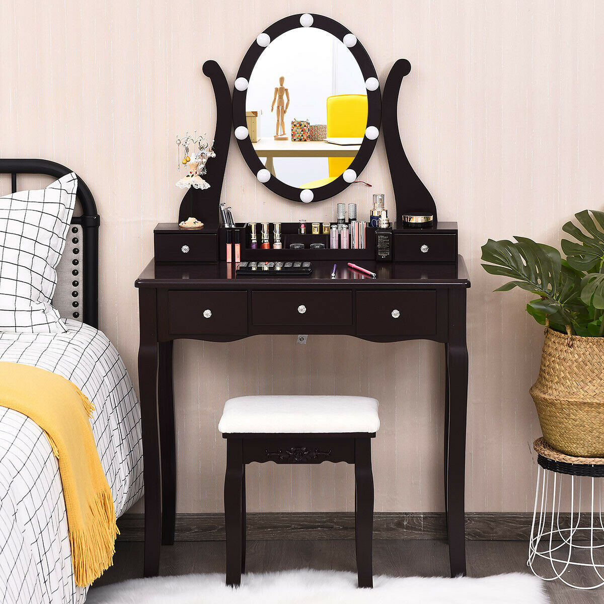 Vanity Table Set with Lighted Mirror and Cushioned Stool