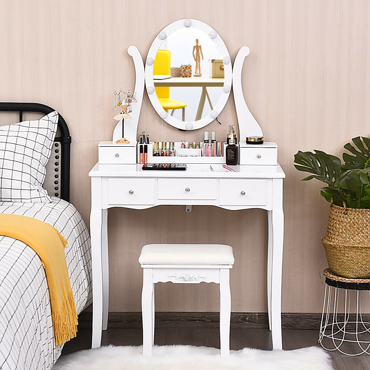 Vanity Table Set with Lighted Mirror and Cushioned Stool