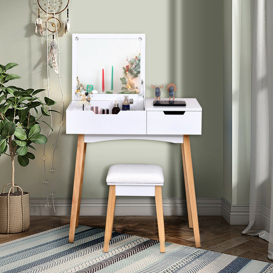 Vanity Table with Flip Top Mirror and Cushioned Stool