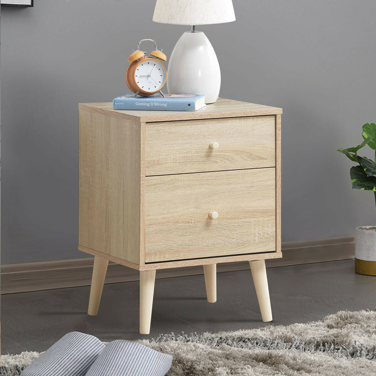 2-Drawer Nightstand Beside End Side Table with Rubber Legs