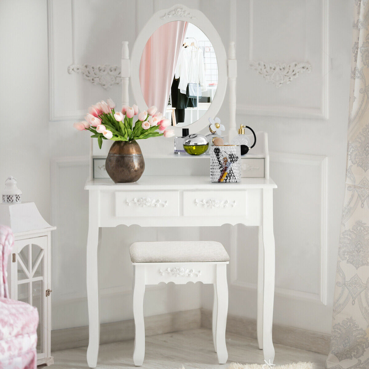 Vanity Table Set with Oval Mirror and 4 Drawers