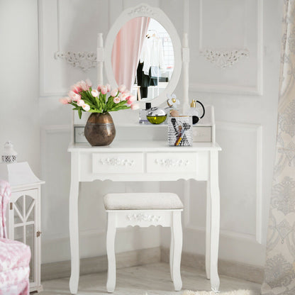 Vanity Table Set with Oval Mirror and 4 Drawers