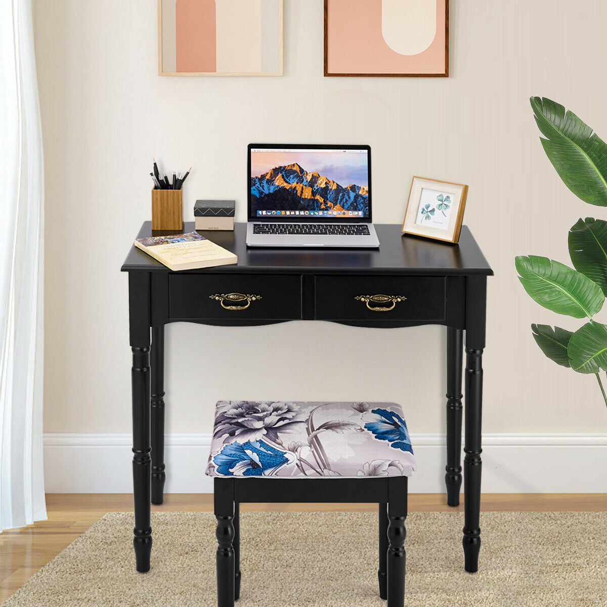 Vanity Set with Tri-Fold Mirror, 4 Drawers & Cushioned Stool