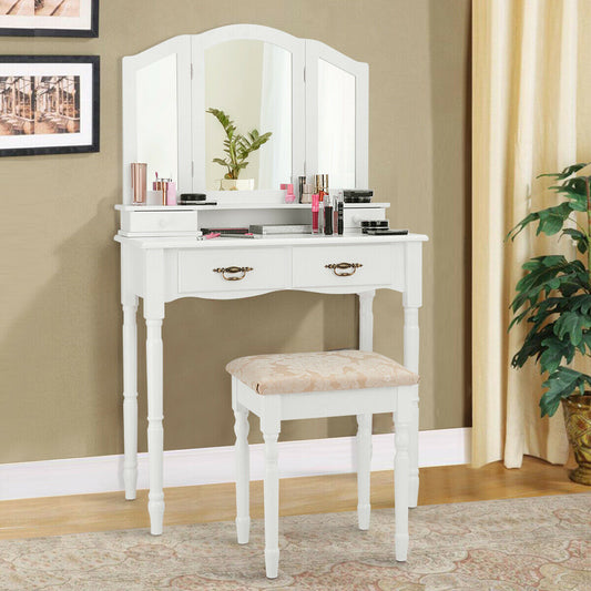 Vanity Set with Tri-Fold Mirror, 4 Drawers & Cushioned Stool