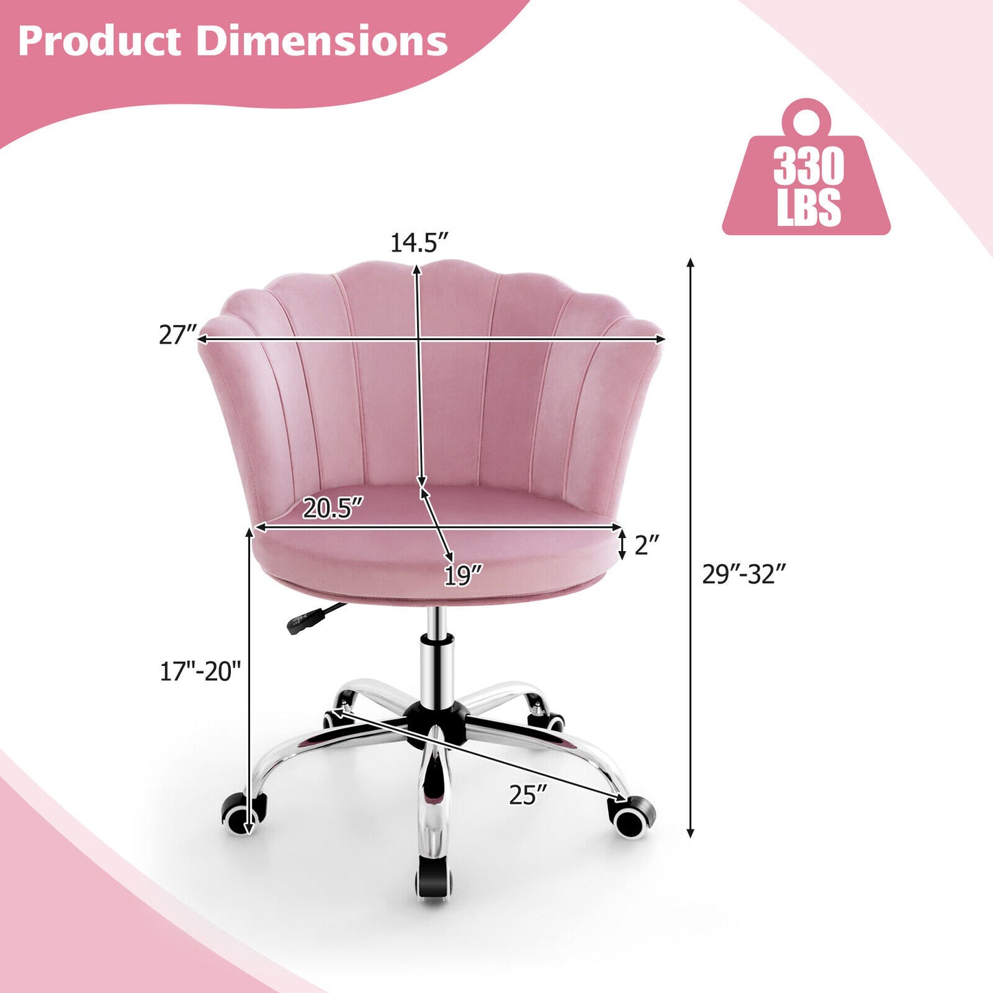 Velvet Vanity Chair with Seashell Back and Wheels - Pink