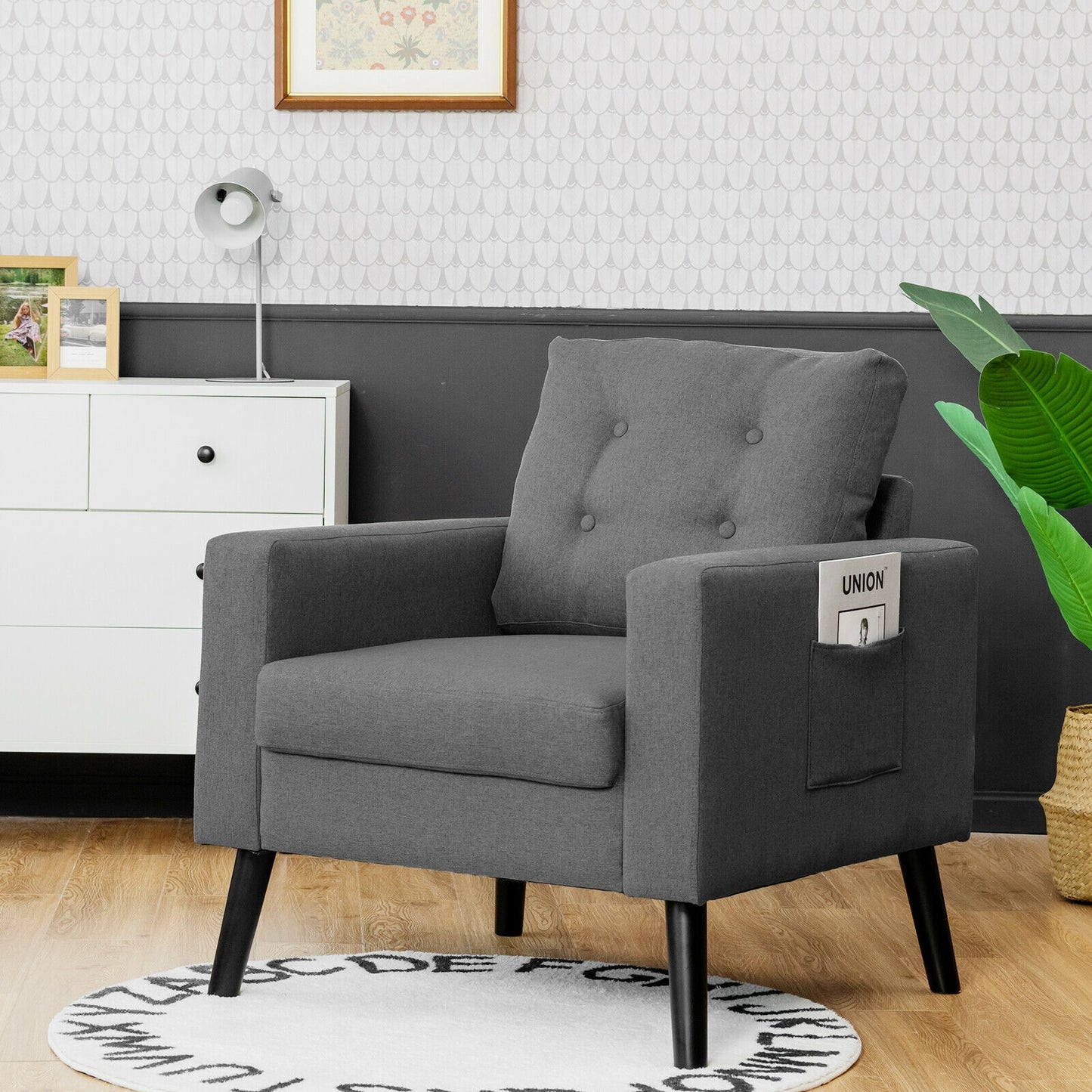 Mid-Century Upholstered Armchair with Rubber Wood Legs