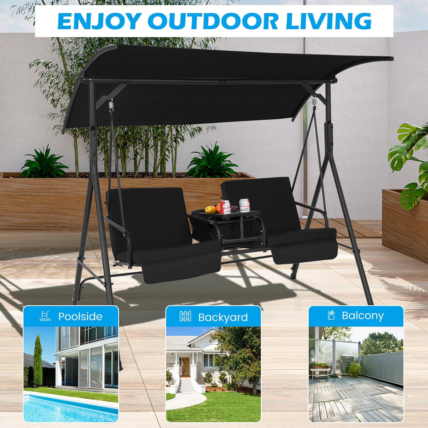 2-Seat Porch Swing with Adjustable Canopy and Cup Holders