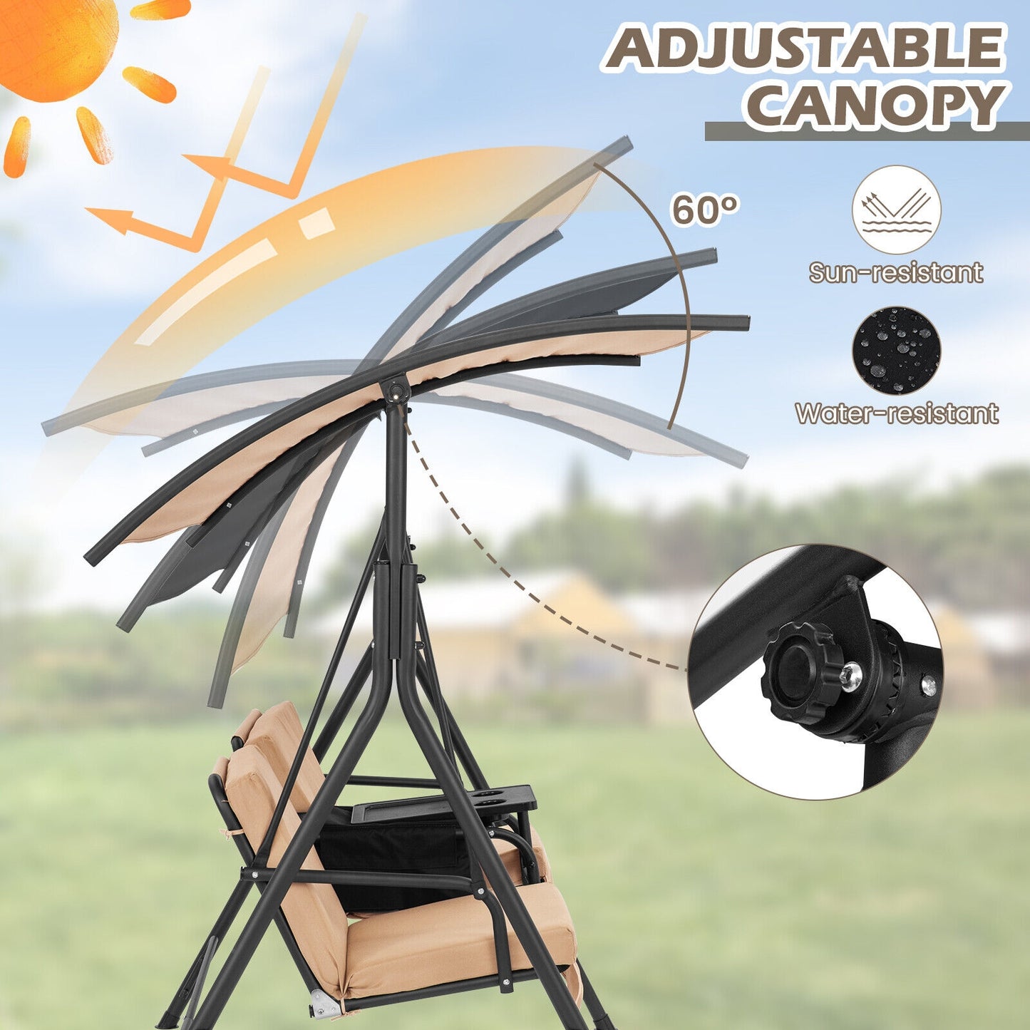 2-Seat Porch Swing with Adjustable Canopy and Cup Holders