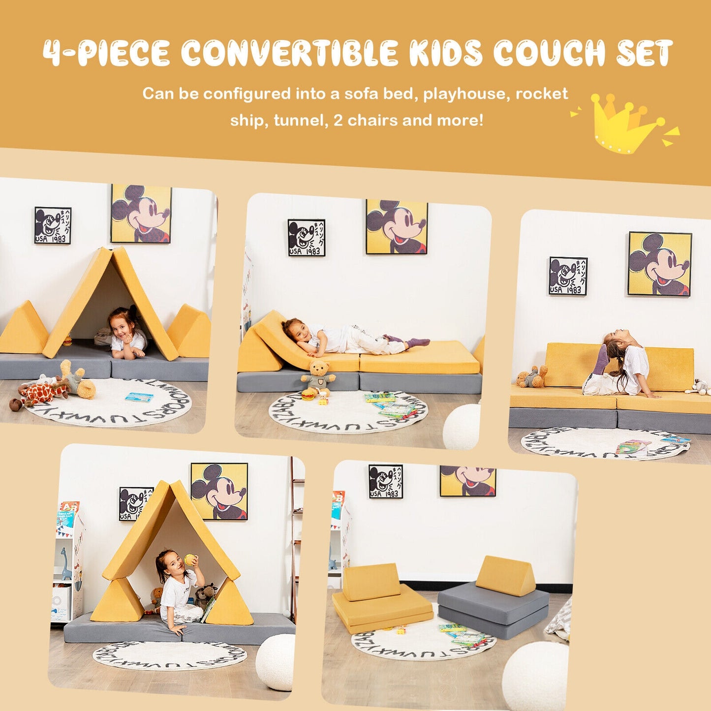 Convertible Kids Couch Set 4-Piece with Folding Mats