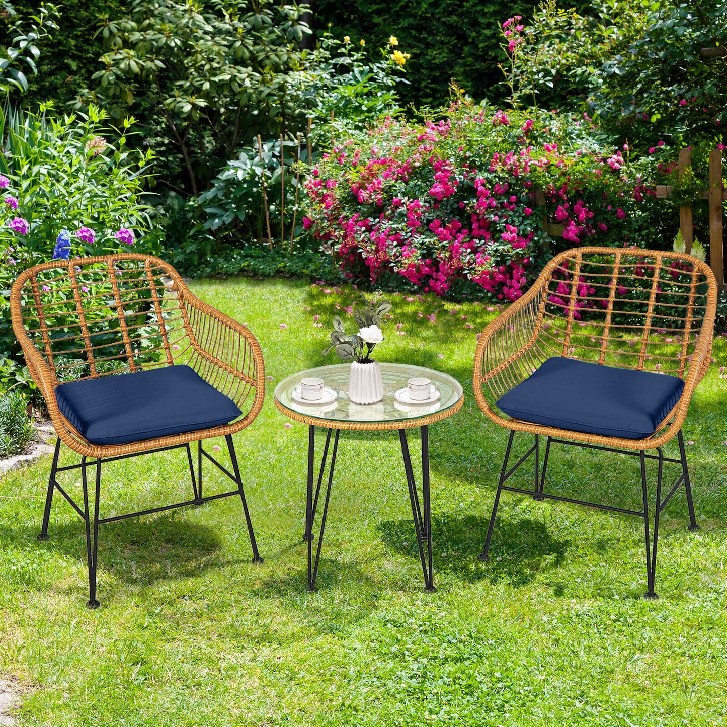 3-Piece Rattan Patio Conversation Set with Cushioned Chairs