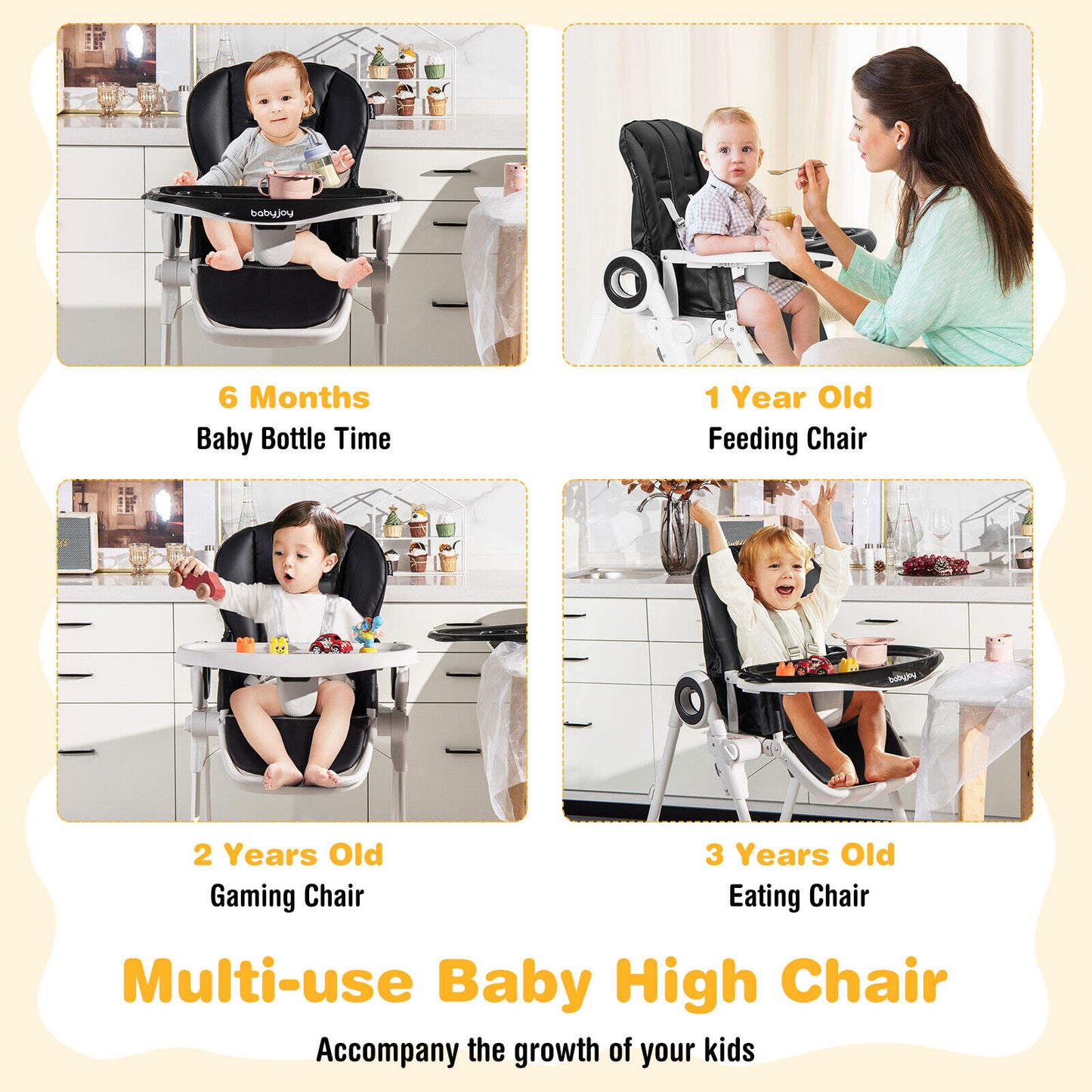 Foldable Baby High Chair with Lockable Wheels - Adjustable
