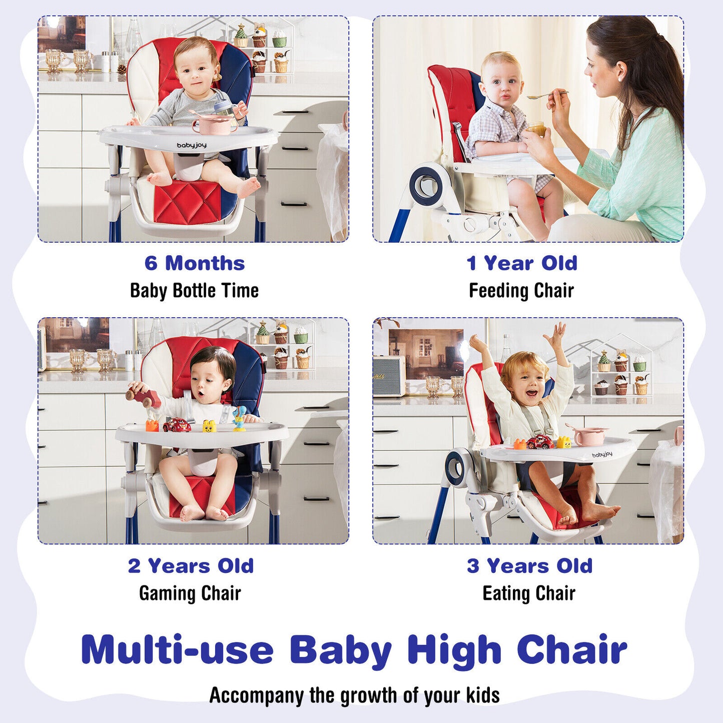 Foldable Baby High Chair with Lockable Wheels - Adjustable