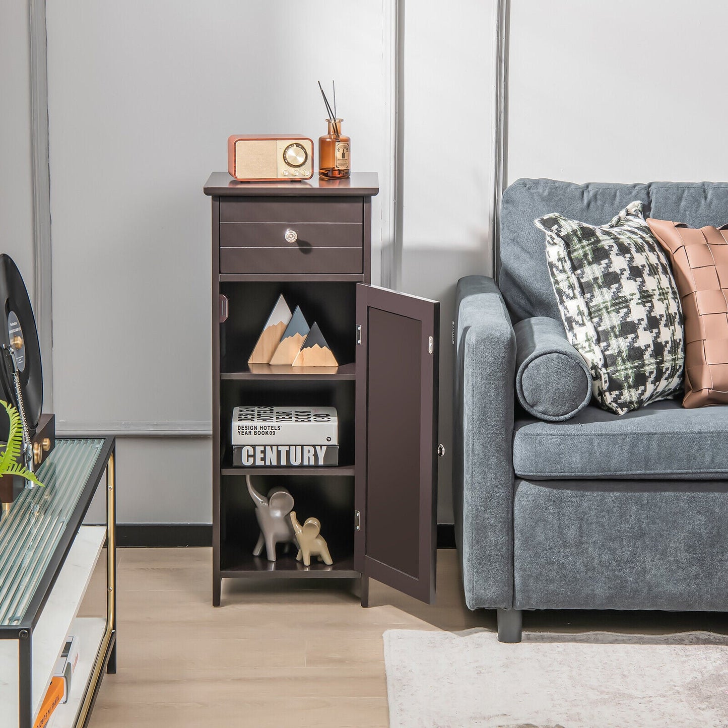 Wooden Bathroom Floor Storage Cabinet with Drawer and Shelf