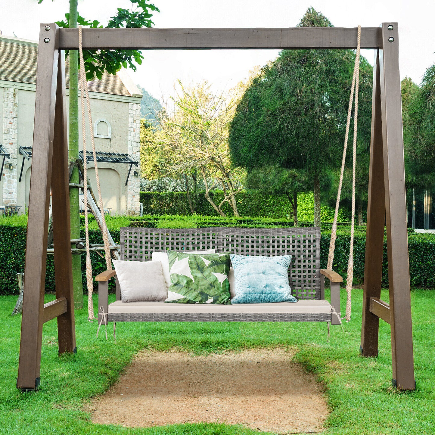 2-Person Wicker Porch Swing Chair with Cushion