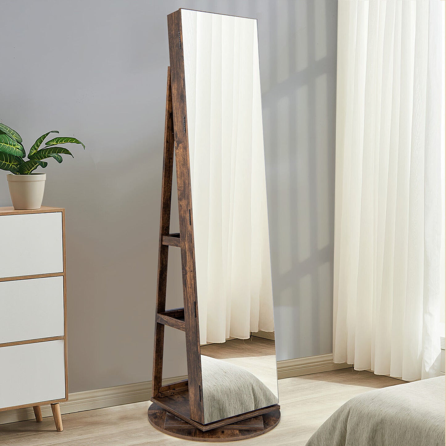 Rotating Mirrored Jewelry Armoire with LED Lighting