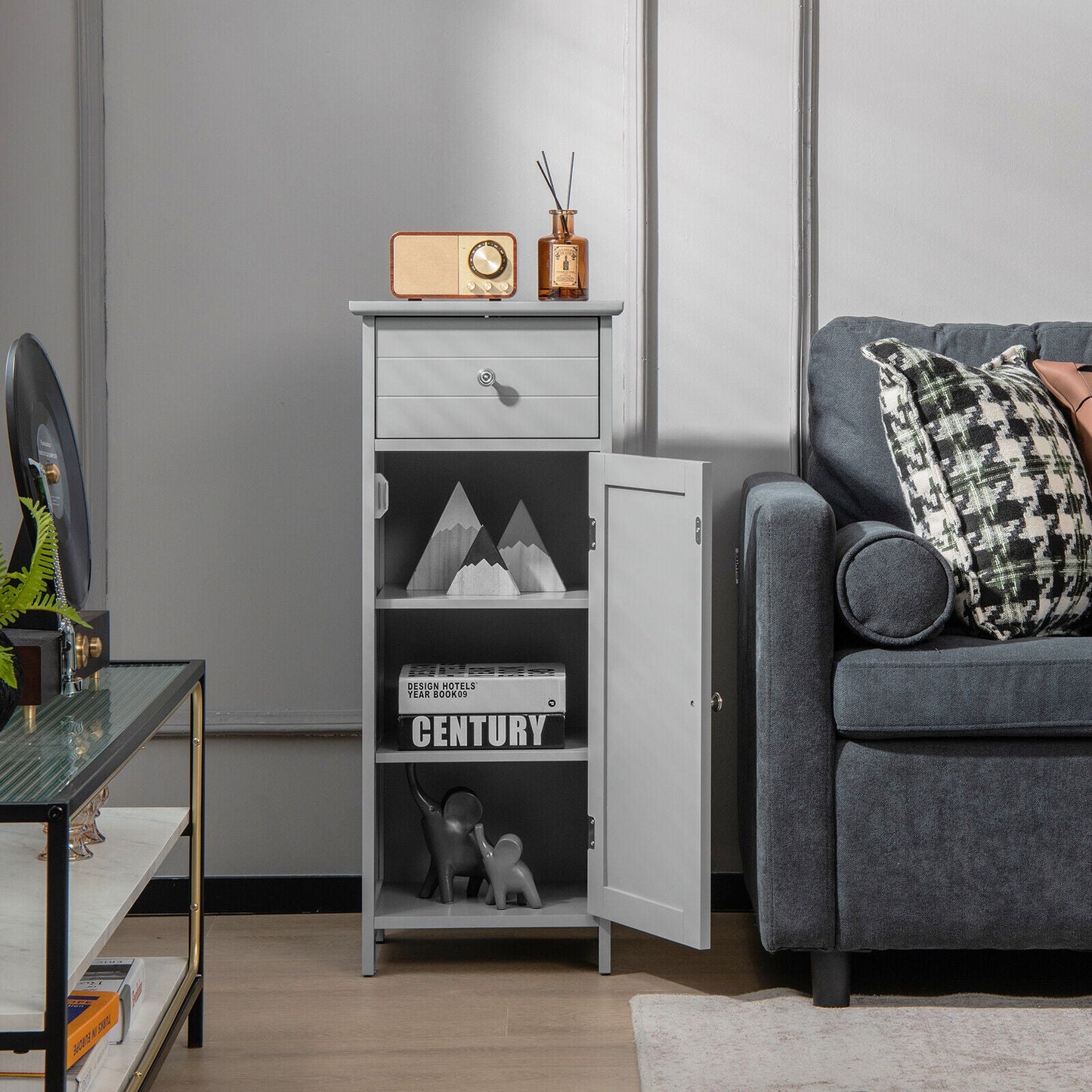Wooden Bathroom Floor Storage Cabinet with Drawer and Shelf