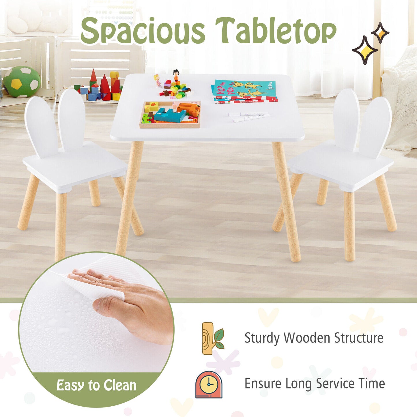 Kids Table and Chair Set with Bunny Ear Backrest - 3 Piece