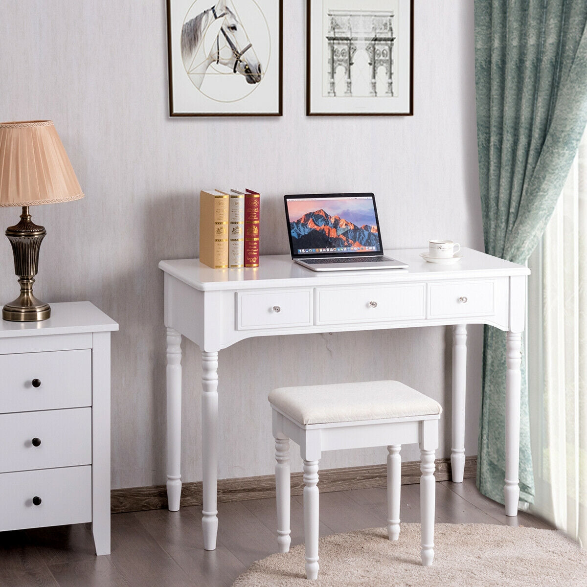 Tri-Fold Mirror Makeup Vanity Table with Cushioned Stool