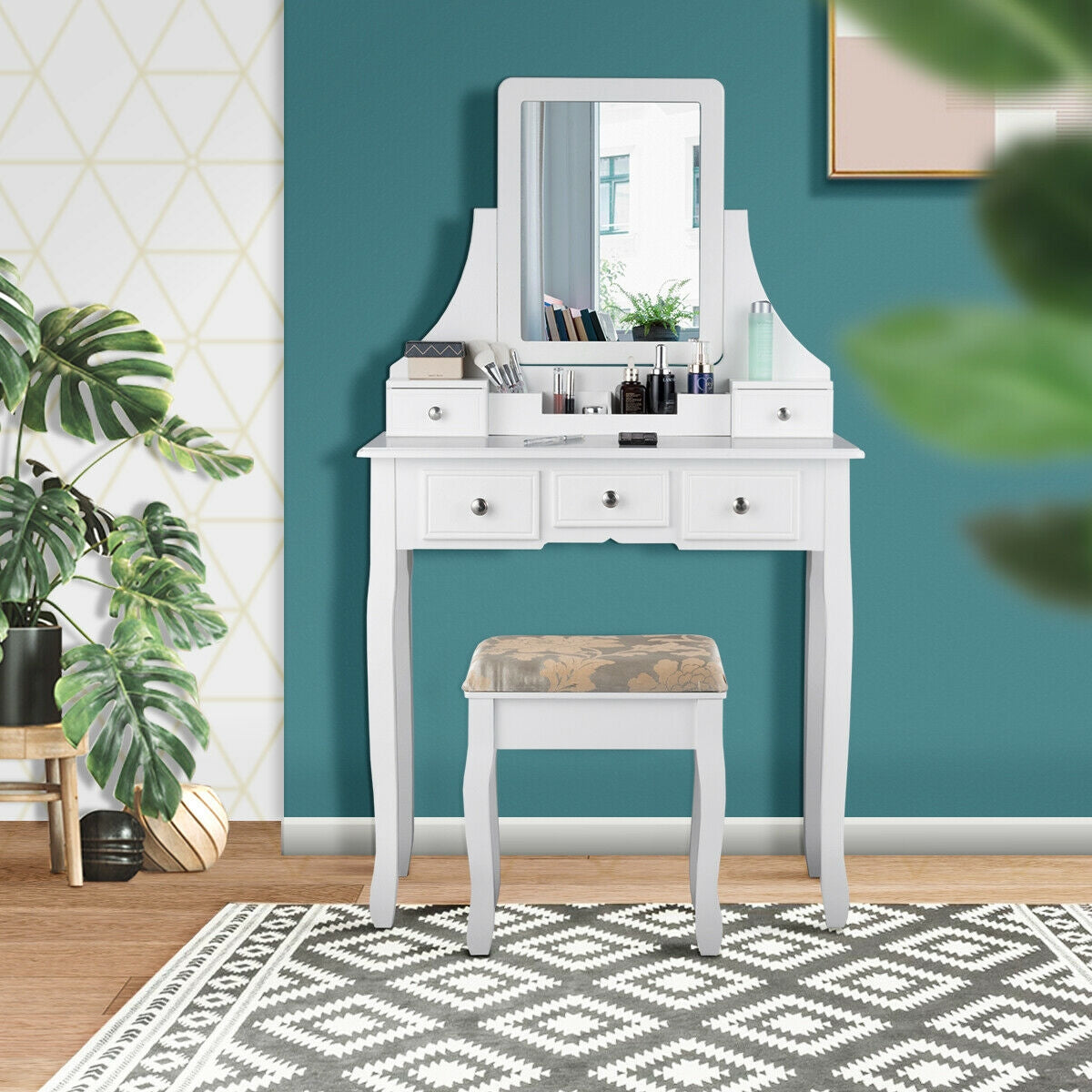 Makeup Vanity Set with 5 Drawers and Padded Stool