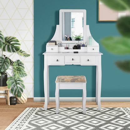 Makeup Vanity Set with 5 Drawers and Padded Stool