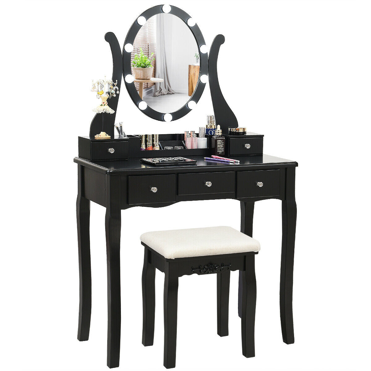 Vanity Table Set with Lighted Mirror and Cushioned Stool