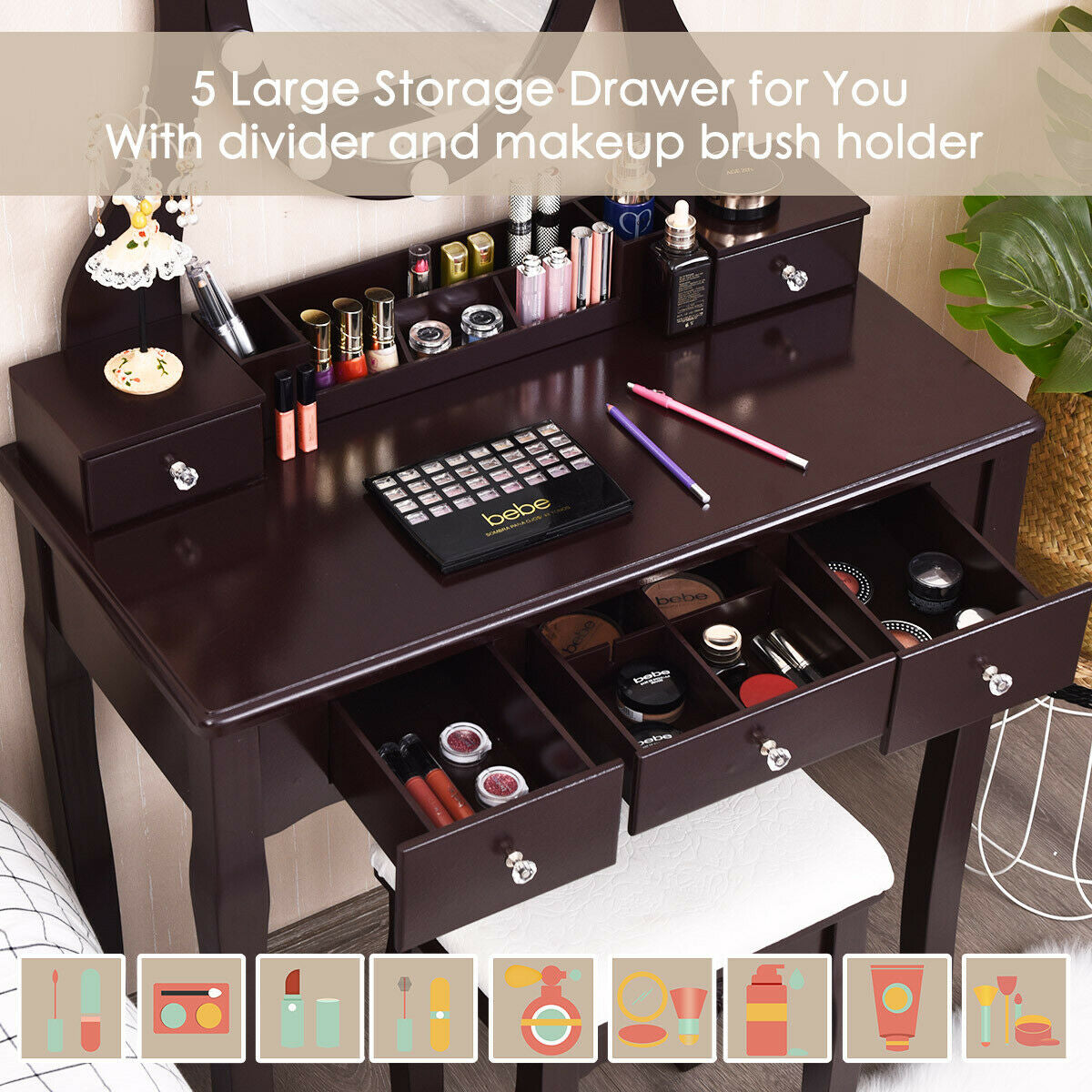 Vanity Table Set with Lighted Mirror and Cushioned Stool