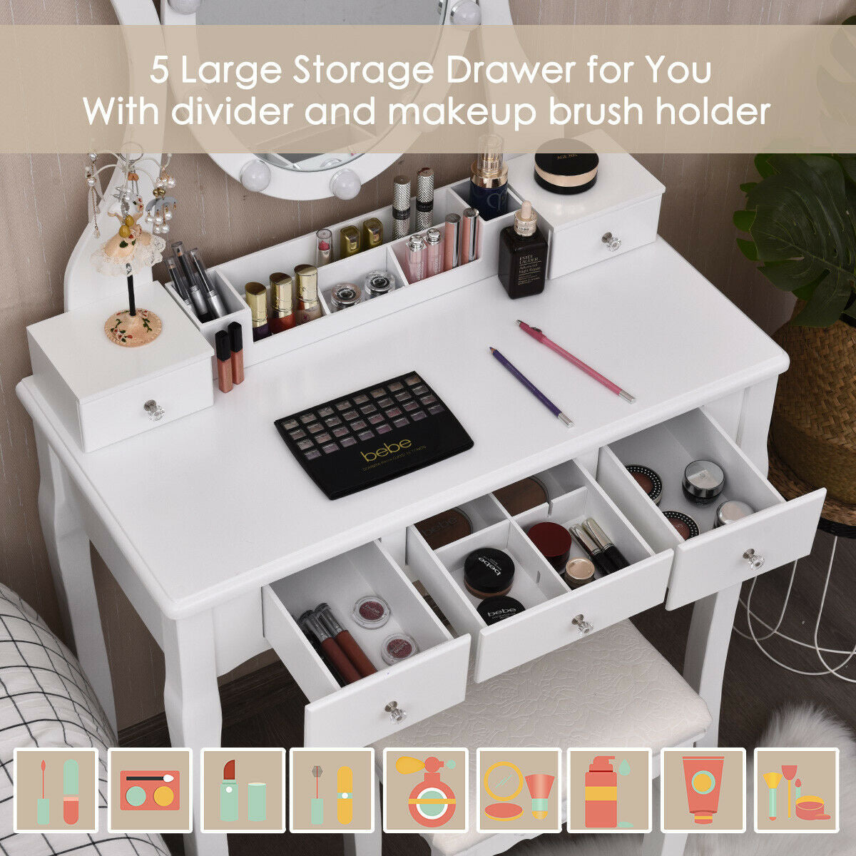 Vanity Table Set with Lighted Mirror and Cushioned Stool