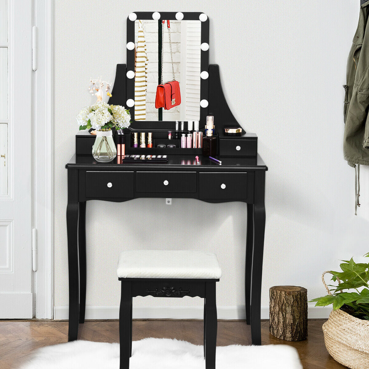 Vanity Table with 10 Dimmable Lights and Cushioned Stool