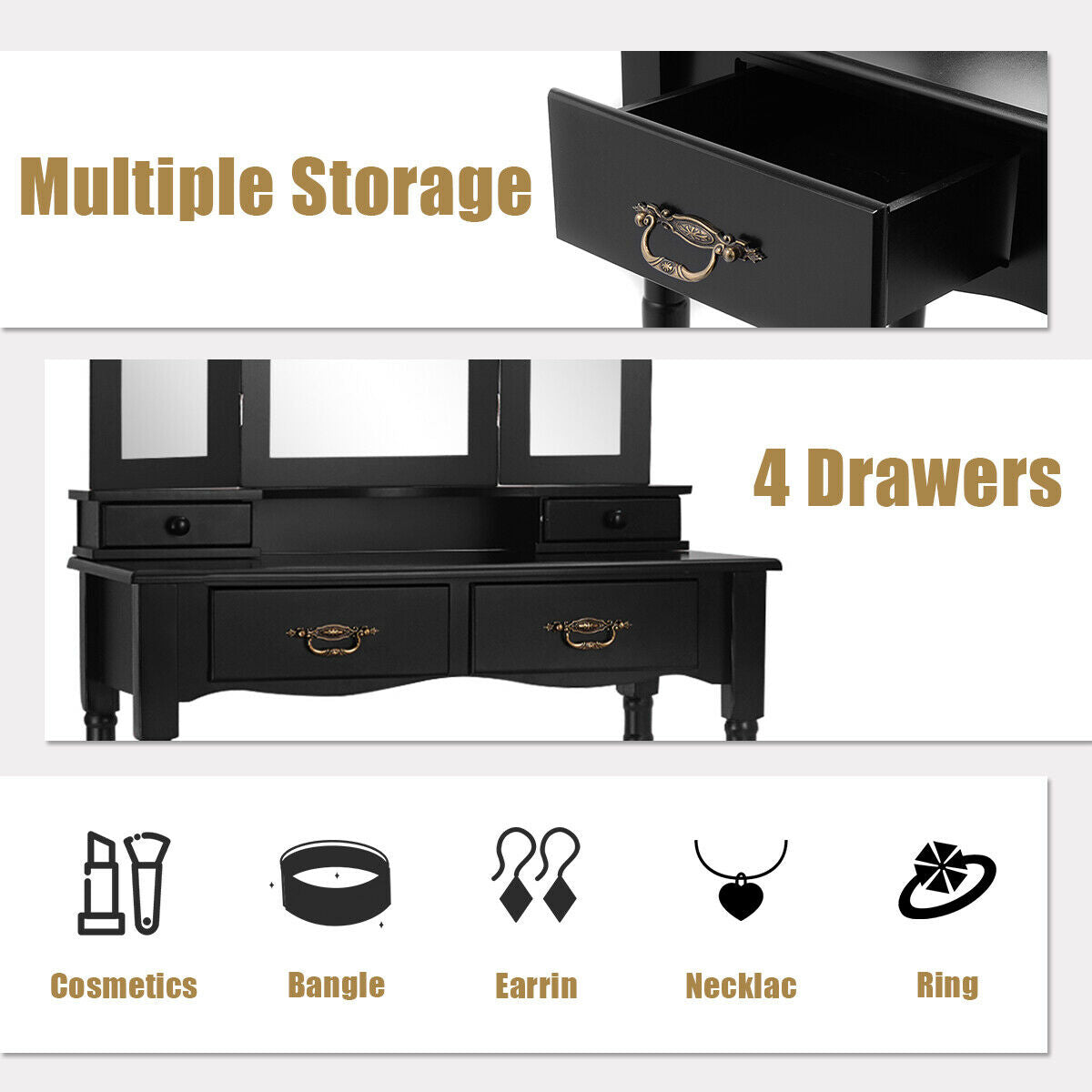 Vanity Set with Tri-Fold Mirror, 4 Drawers & Cushioned Stool