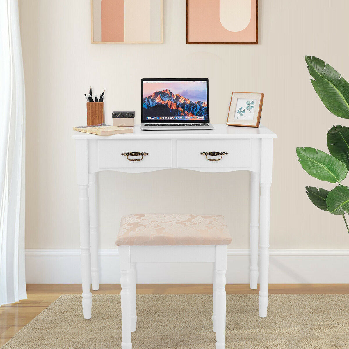 Vanity Set with Tri-Fold Mirror, 4 Drawers & Cushioned Stool
