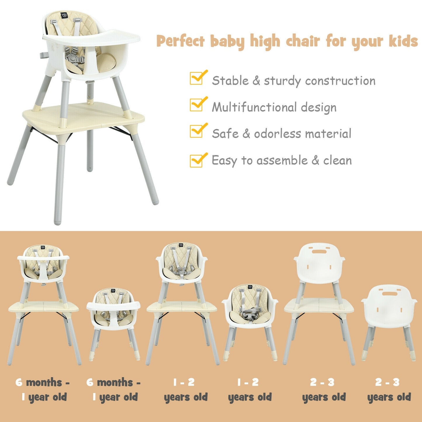 4-in-1 Convertible Baby High Chair with PU Cushion
