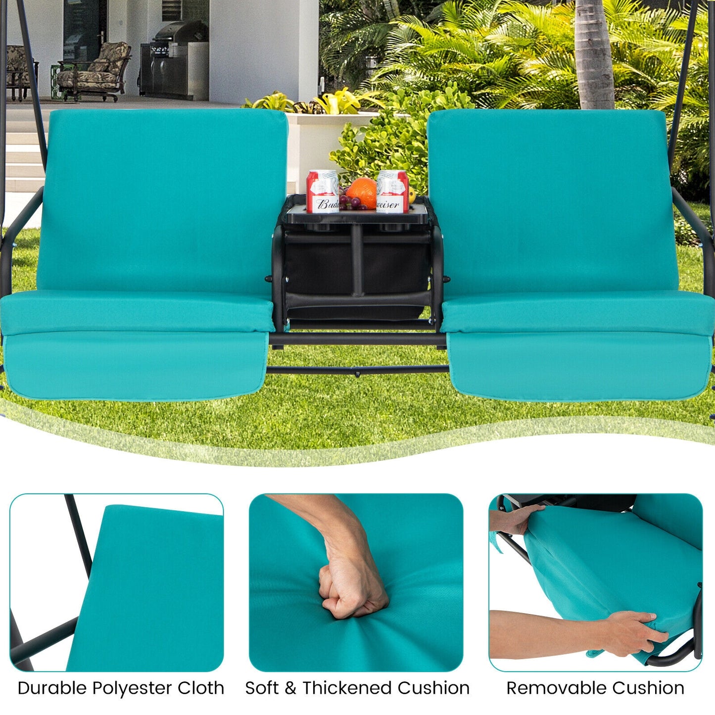 2-Seat Porch Swing with Adjustable Canopy and Cup Holders