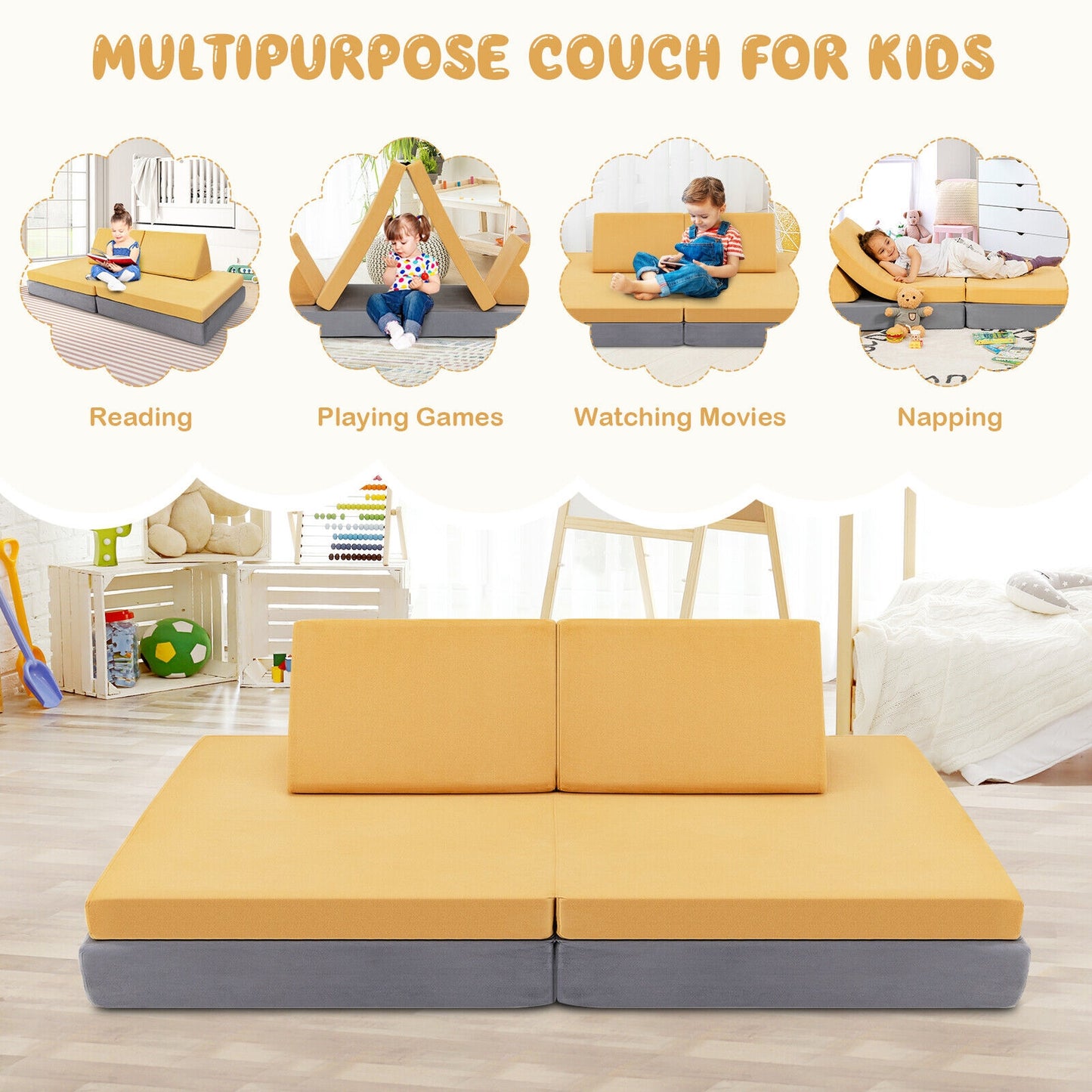 Convertible Kids Couch Set 4-Piece with Folding Mats