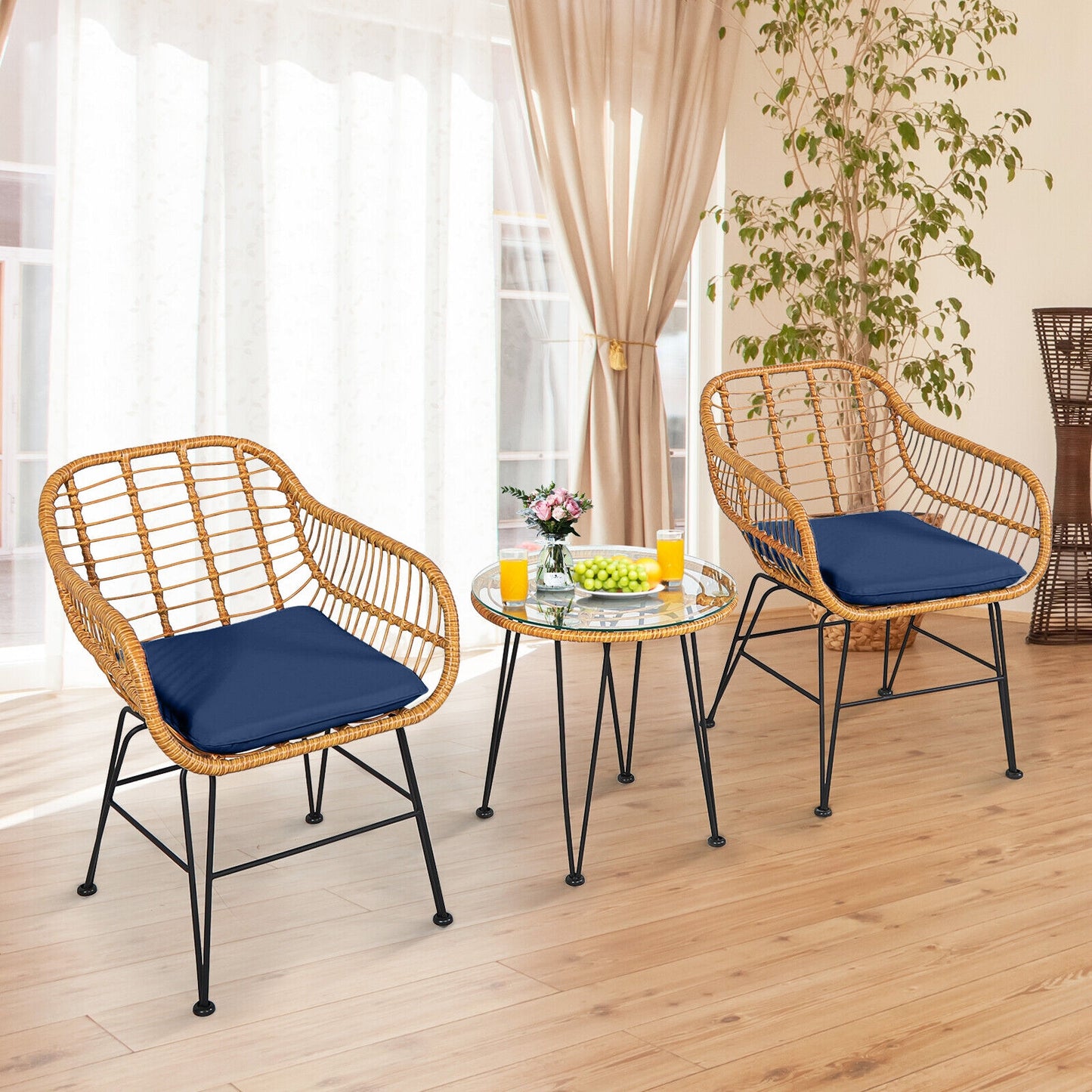 3-Piece Rattan Patio Conversation Set with Cushioned Chairs