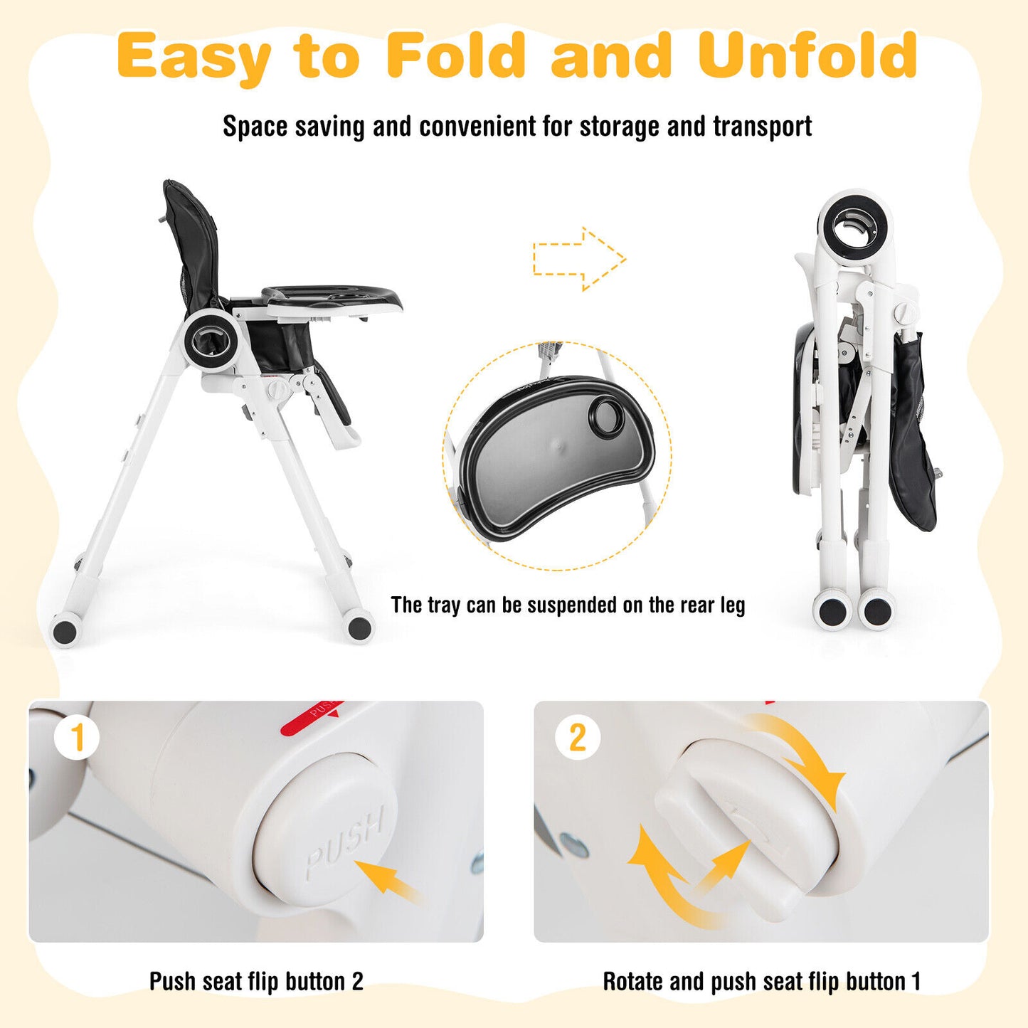 Foldable Baby High Chair with Lockable Wheels - Adjustable