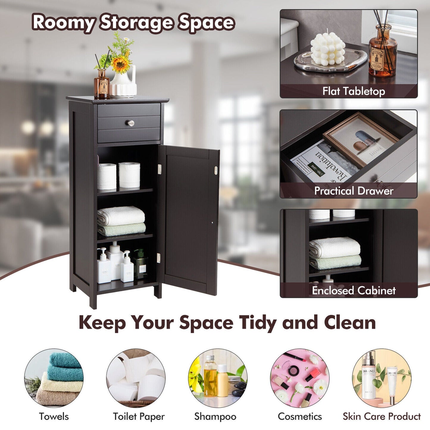 Wooden Bathroom Floor Storage Cabinet with Drawer and Shelf