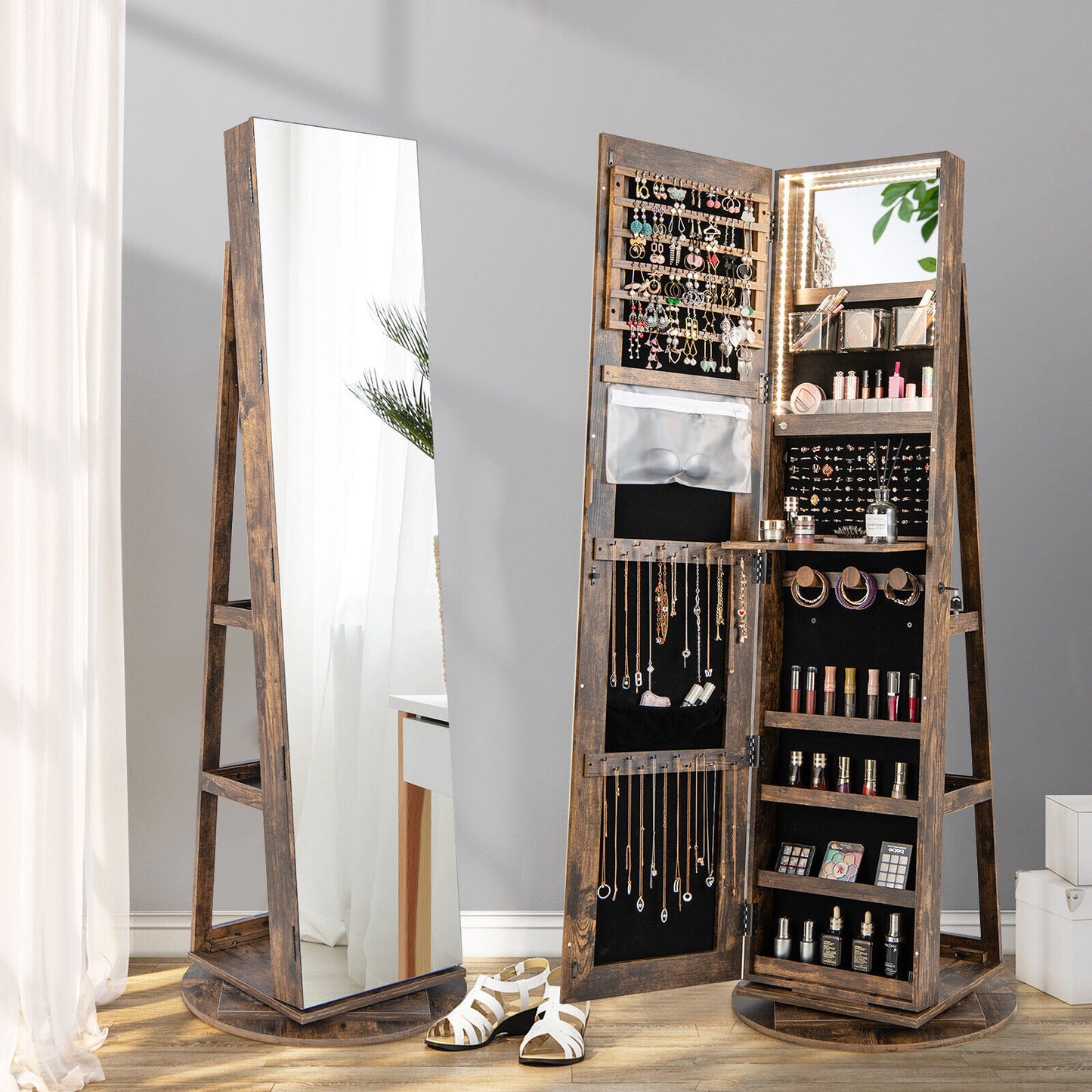 Rotating Mirrored Jewelry Armoire with LED Lighting