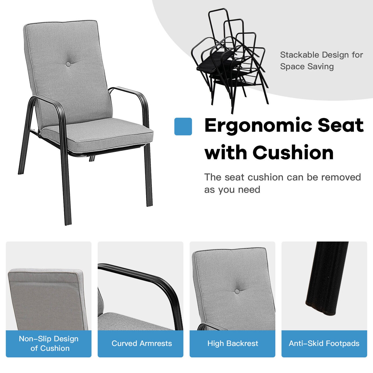 Stackable Patio Dining Chairs Set of 4 with High-Back Cushions