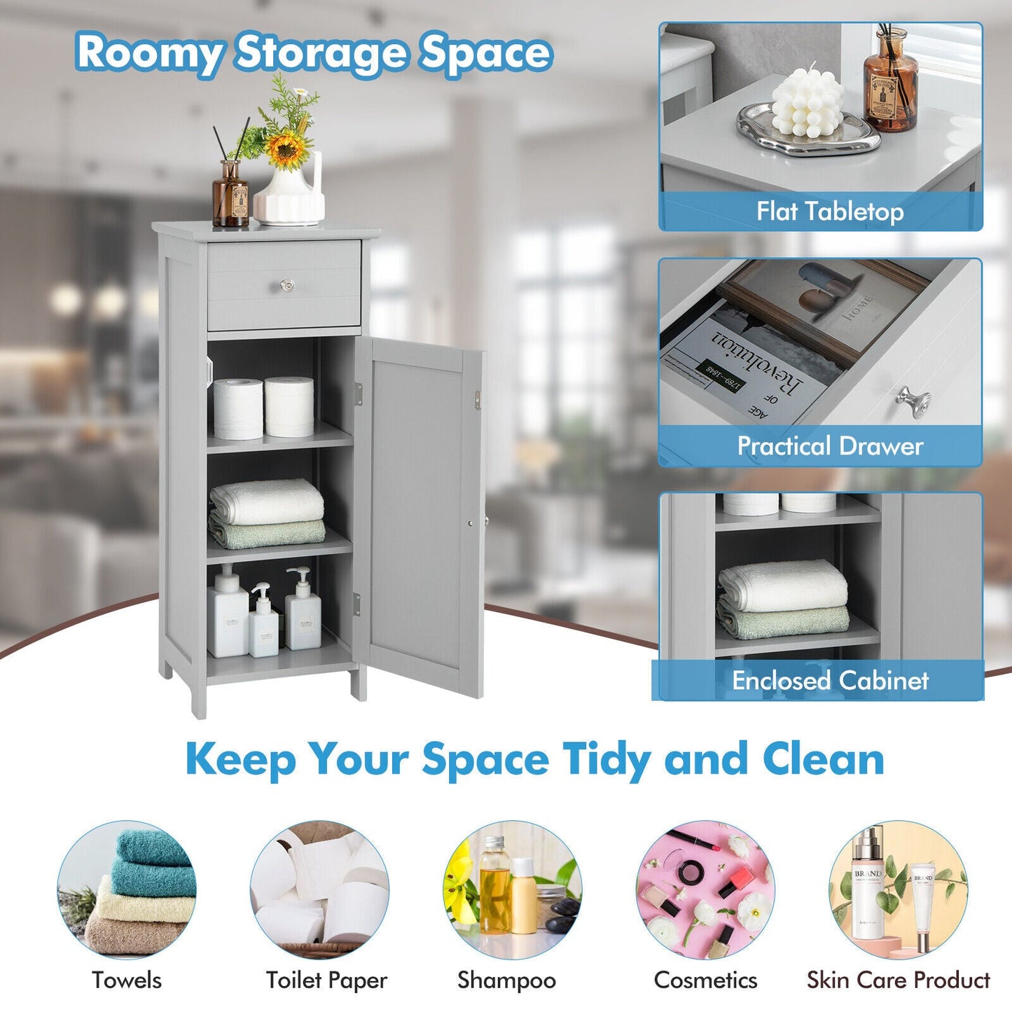 Wooden Bathroom Floor Storage Cabinet with Drawer and Shelf