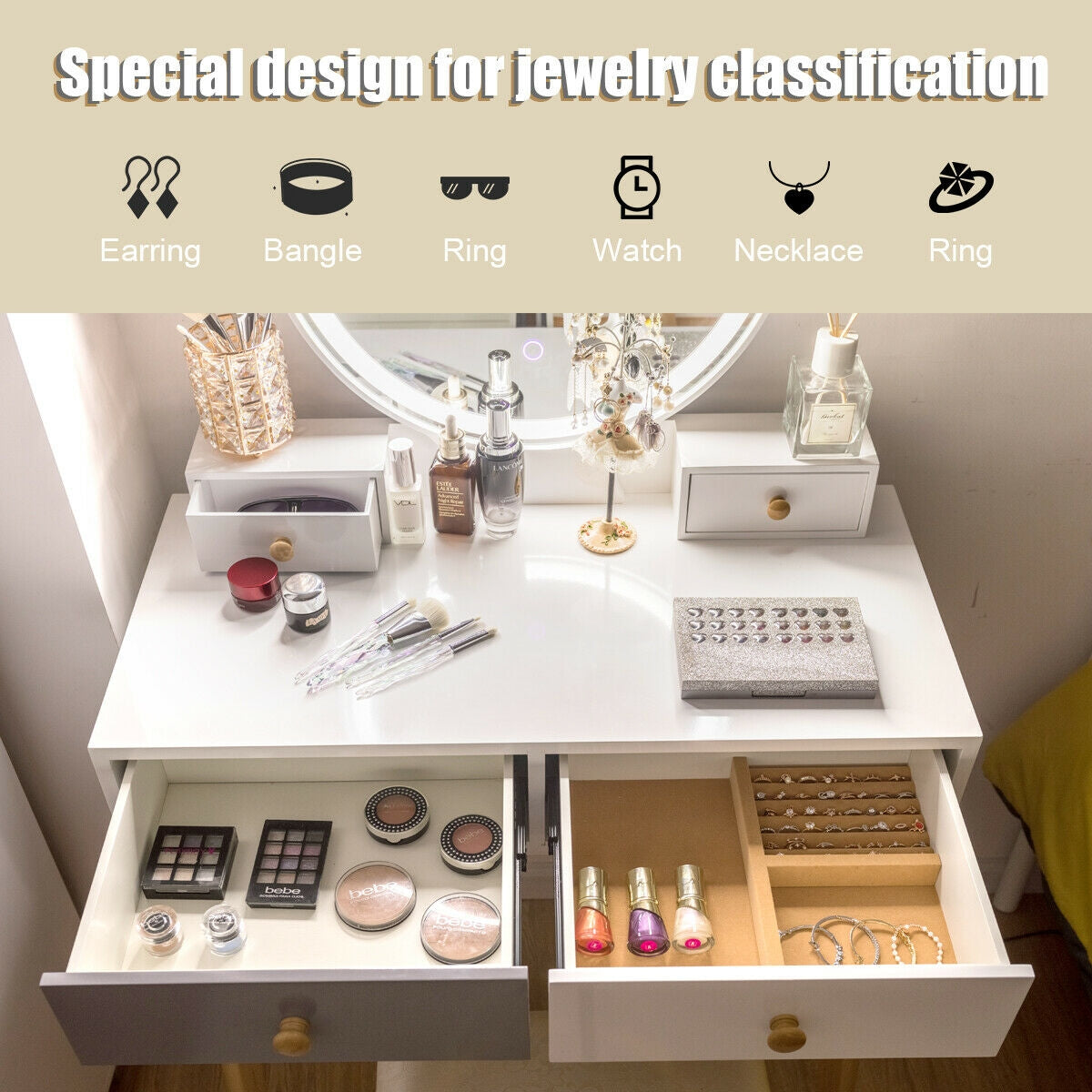 Makeup Vanity Table with Lighted Mirror and 4 Drawers