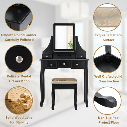 Makeup Vanity Set with 5 Drawers and Padded Stool