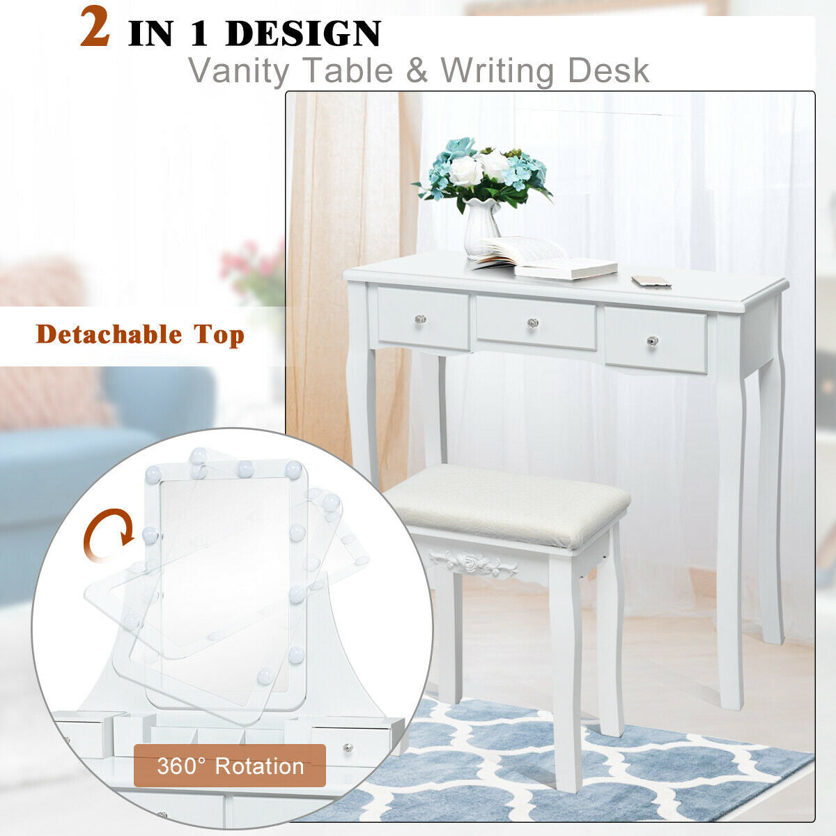 Vanity Table with 10 Dimmable Lights and Cushioned Stool