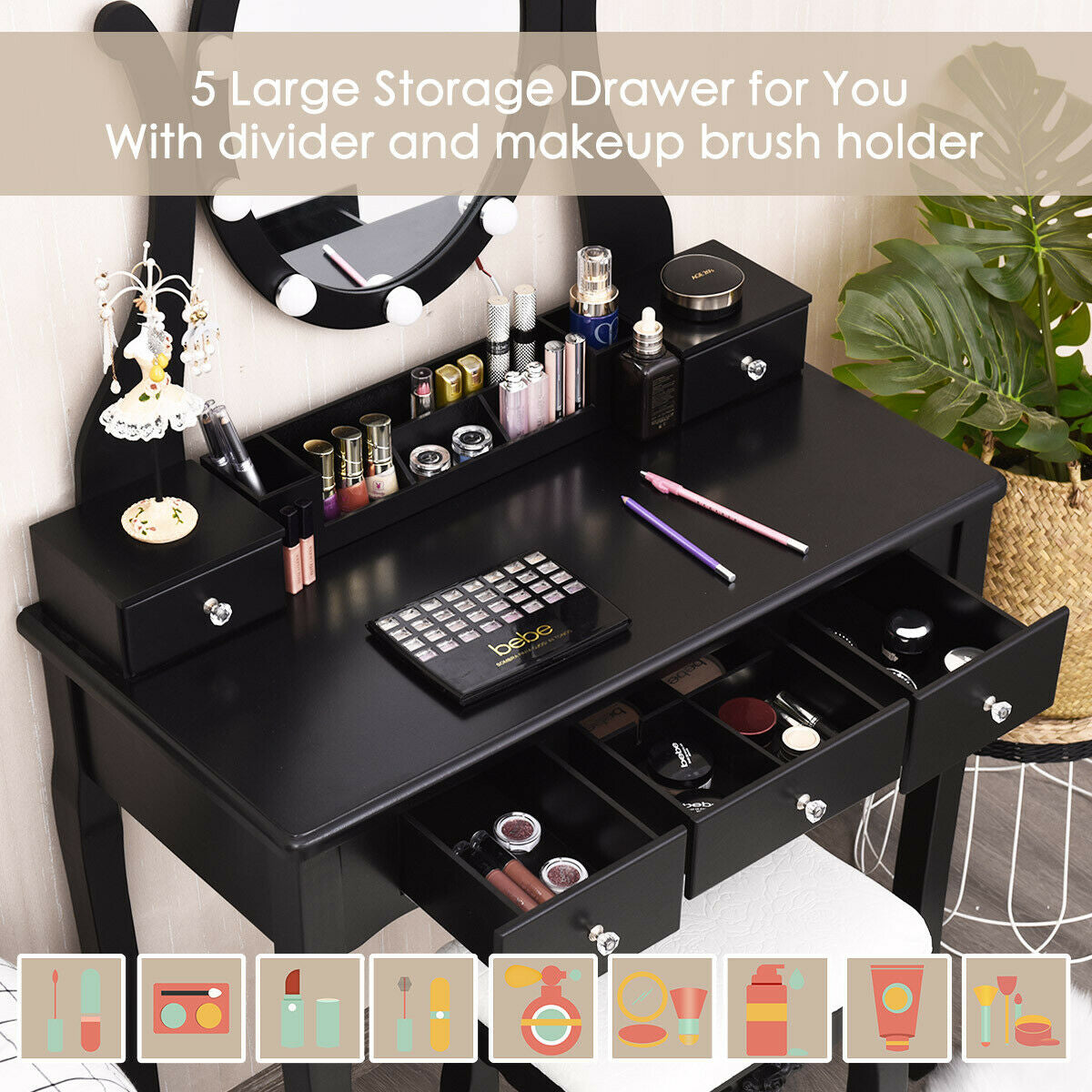Vanity Table Set with Lighted Mirror and Cushioned Stool