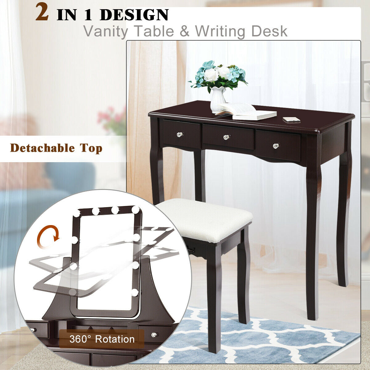 Vanity Table with 10 Dimmable Lights and Cushioned Stool