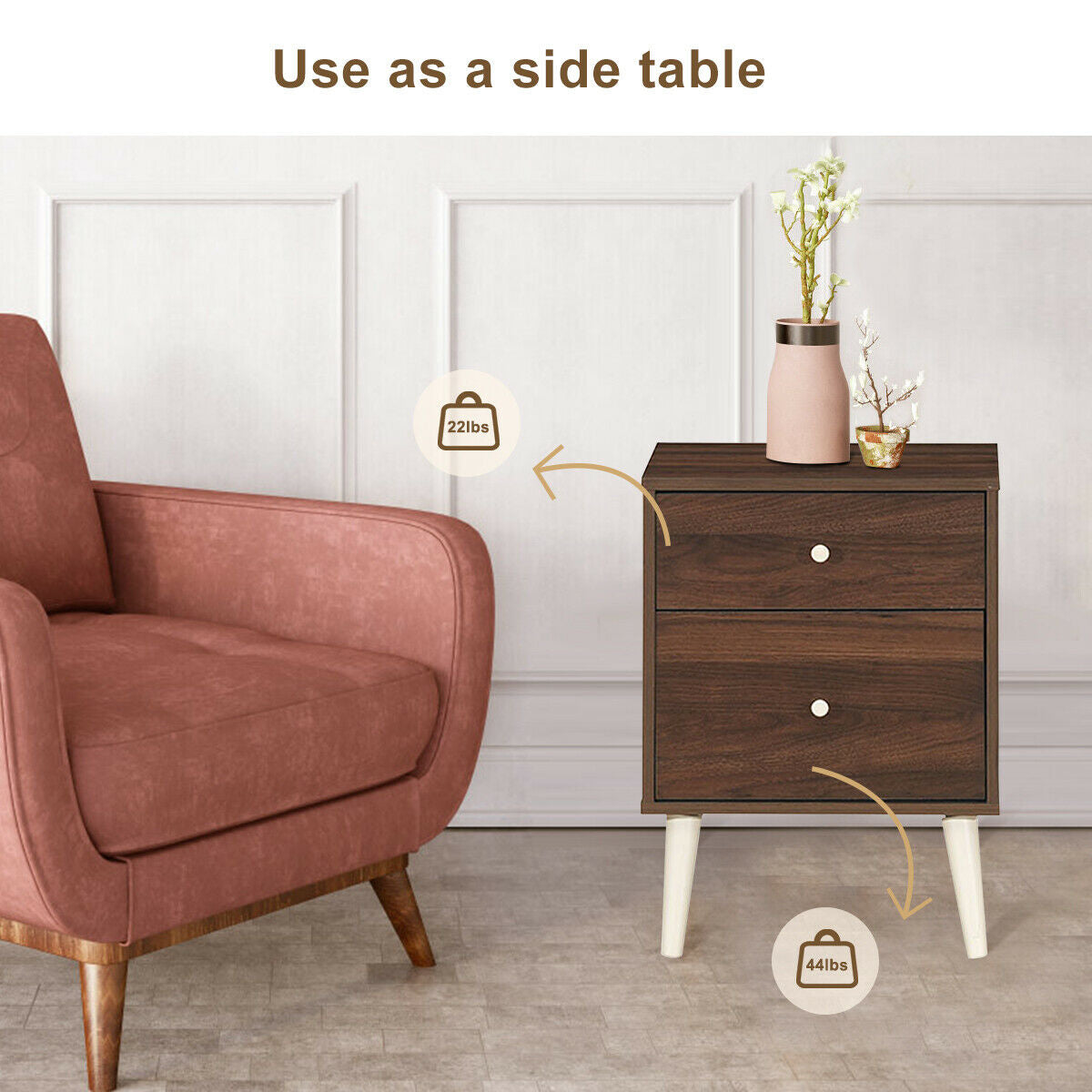2-Drawer Nightstand Beside End Side Table with Rubber Legs