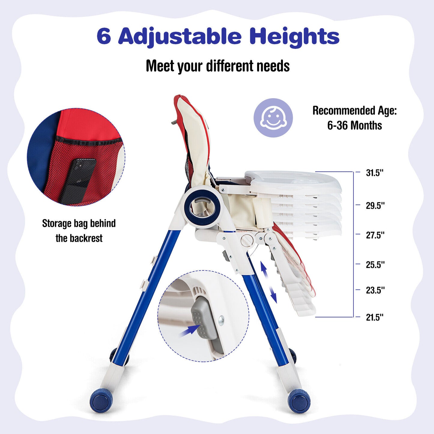 Foldable Baby High Chair with Lockable Wheels - Adjustable