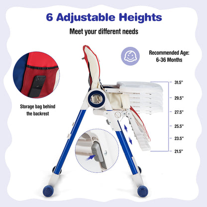 Foldable Baby High Chair with Lockable Wheels - Adjustable